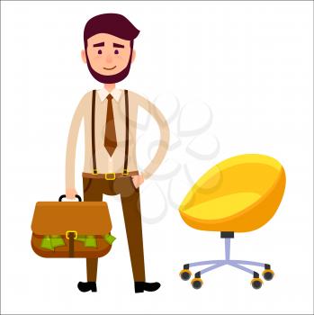 Hipster boy with briefcase full of money flat art theme on white background. Young man with dark beard standing near yellow chair on wheels. Vector illustration of personage in cartoon style.