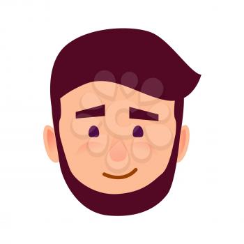 Cartoon male character with casual face expression. Man with small smile and easily frown thick eyebrows isolated on white background. Facial manifestation of human emotions vector illustration.