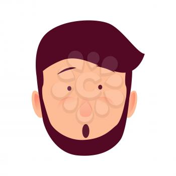 Surprised young man rosy face icon. Bearded, brown-haired male with confused facial expression flat vector isolated on white background. Hipster cartoon emotive portrait for user avatar illustration