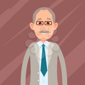 Old male grey character in glasses with mustache in jacket, blue jeans and tie isolated on abstract background. Casually dressed cartoon man model cropped vector illustration in flat style design