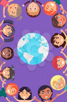 Children heads and raised hands around blue-white earth planet vector poster. Happy international summer childrens day.