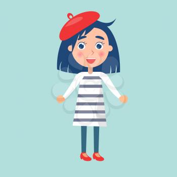 Happy little girl in red cap and striped dress celebrates international holiday for children. Global kids day poster with young female in cartoon style