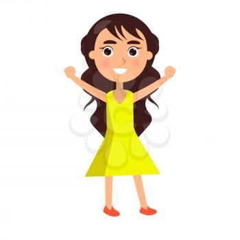 Brunette girl in yellow dress greets with happy childrens day isolated on white background. Smiling cartoon character wishes happy international holiday for kids