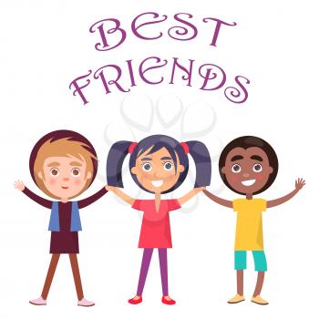 Best friends celebrate global holiday for children. International smiling young kids wishes happy global childrens day vector illustration