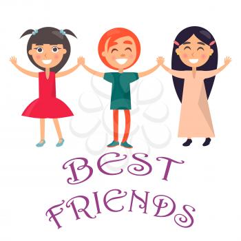 Best friends celebrate international holiday for children. Smiling young kids wishes happy global childrens day vector illustration