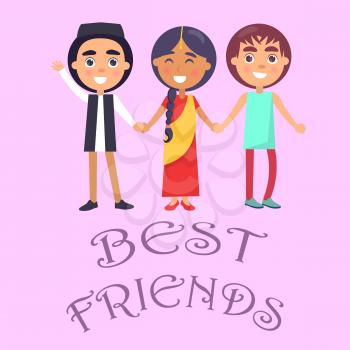 Best friends international holiday for children poster on pink background. Smiling young kids wishes happy global childrens day vector illustration