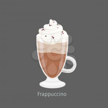 Irish glass mug with frapuccino flat vector. Cold invigorating drink with caffeine. Chilled coffee with whipped cream and chocolate sprinkle on creamy foam illustration for coffee house and cafe menu