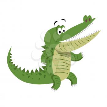 Cartoon crocodile standing with wide open mouth isolated on white background. Cute big reptile smiling and showing teeth vector illustration. Drawn friendly croc sticker for children in flat style