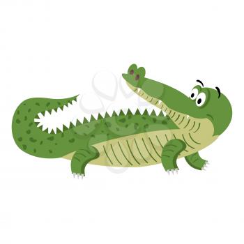 Cute cartoon crocodile in natural position isolated on white background. Funny big reptile vector illustration. Drawn friendly croc with eyebrows. Cartoon aquatic character in flat style design