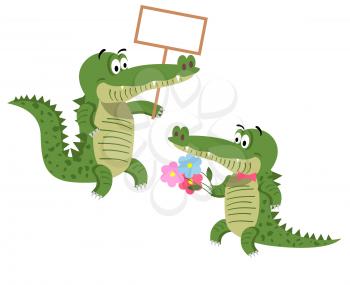 Cartoon crocodiles with empty signboard and with bouquet of flowers in tie bow isolated on white background. Cute big reptiles vector illustration. Drawn friendly crocs with eyebrows in flat style