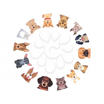 Circle of different purebred dogs. Vector of Bernese Mountain and Central Asian hounds, French and English Bulldog, Chihuahua and boxer, Jack Russell and Bull Terrier, puppy of Argentinian Dog.