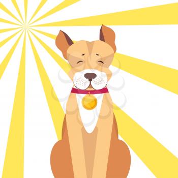Basenji dog with closed eyes in red collar with gold medallion on sunny background. Friendly and playful dog breed vector illustration. Cartoon domestic animal on walk enjoys good warm weather.