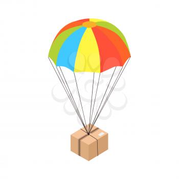 Cardboard post box goes down attached to small colorful parachute isolated on white background. E commerce advertising vector illustration. Fast and safe delivery of purchases from Internet shop.