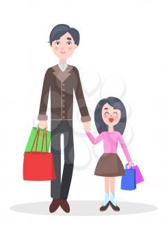 Family shopping cartoon concept isolated on white background. Happy young brunet man make purchases with child flat vector illustration. Father buying gifts on seasonal holiday sale with daughter