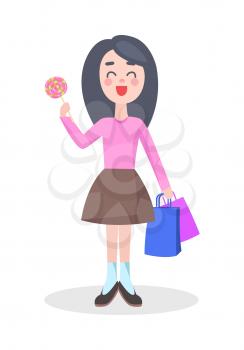 Happy young girl standing with colorful paper bags and candy on stick vector illustration. Woman holiday shopping flat concept isolated on white background. Female character make purchases on sale