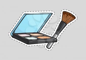 Set of eyeshadows with mirror. Brown cosmetic brush. Cut it out. Square black case. Cosmetics for women. Eyeshadow palette with four colours. Cartoon design. Flat style. Female fashion. Vector