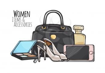Women items and accessories. Illustration of black purse, phone, high-heeled shoes, perfume, eyeshadows palette with mirror in square case. Fashionable female objects. Poster. Cartoon style. Vector