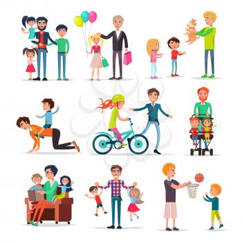 Loving fathers make presents for children, walk with them, play games, teach ride bicycle and read vector illustrations set.