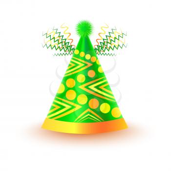 Bright festive cap with circles and triangles in yellow and green colors isolated on white background. Funny party accessory vector illustration. Holiday headgear for festive mood and having fun.