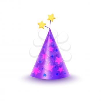 Bright purple festive cap with pink, blue and yellow stars isolated on white background. Funny party accessory vector illustration. Holiday headgear for festive mood. Dress up for celebration.