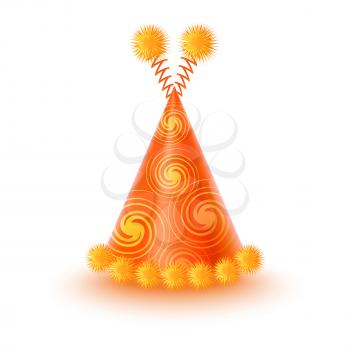 Brightly decorated with spirals and fluffy pompons on antennas party hat. Yellow conical paper cap for festive costumes isolated vector illustration. Birthday or New Year party dressing accessory icon