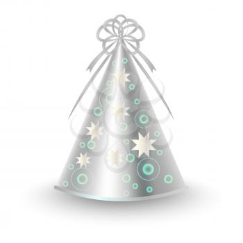 Brightly decorated with grey ribbon and starry pattern party hat. Shiny silver paper conical cap for festive costumes isolated vector illustration. Birthday or New Year party dressing accessory icon