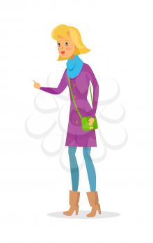 Cartoon woman in warm clothes and green handbag points her hand. Vector icon of isolated kind female person in violet coat, blue scarf, beige high-heeled boots and jeans trying to explain something