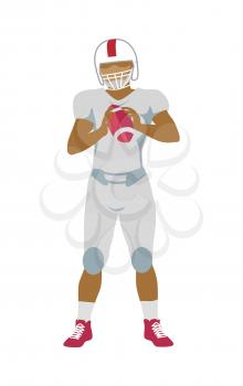 American football player with ball in hands in equipment and helmet. White football uniform. Sport team game. Sportsman logo. Vector
