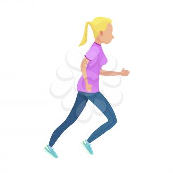 Young blonde girl running vector illustration. Shapely female dressed in purple t-shirt, blue leggings and navy sneakers.