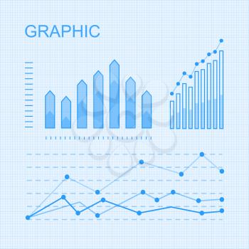 Set of graphic elements for infographic. Statistic information vector presentation. Curves fluctuation and column diagrams on checkered graph paper illustration for business, social, political concept