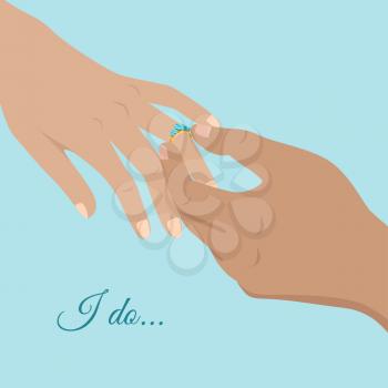Proposal agreement touching moment vector illustration. Man hand puts beautiful engagement ring on womans hand isolated on blue background with sign I do. Shifting relationships to new level.