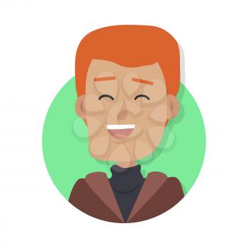 Man face emotive icon. Red-head male character smiling with closed eyes flat vector illustration isolated on white. Happy human psychological portrait. Positive emotions concept. For app, web design