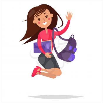 Jumping girl in strict clothing with big purple backpack and notebook smiles and wags isolated on white background. Diligent student vector illustration. Reaction for successful exams passing.