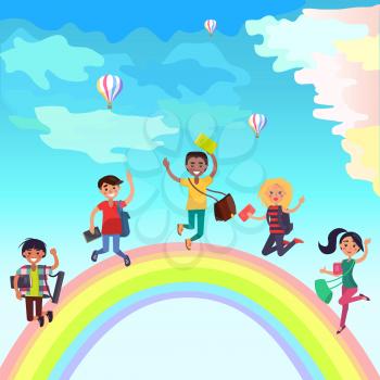 Cheerful jumping students with books, stylish backpacks and briefcases on rainbow on sky background with air balloons. Unbelievable happiness vector illustration. Reaction for successful exams passing
