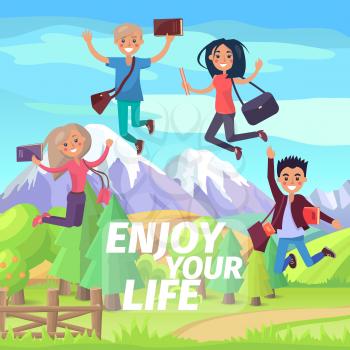 Enjoy your life weekend or holiday for jumping students. Tops of snow-capped mountains and green forest on background. Two boys and two girls with bags and educational materials vector illustration