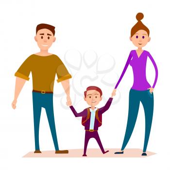 Little kid stands with heavy daddy and slim mom and keeps hands vector illustration. Small school boy with knapsack, love in family concept