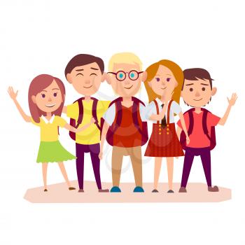 Three schoolboys with backpacks and three girls on white background. Happy children standing and waving their hands, vector illustration.