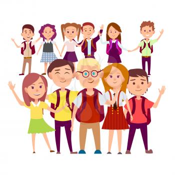 Joint snapshot of classmates 11 pupils on white background. Cheerful schoolchildren holding hands, swings their arms vector illustration.