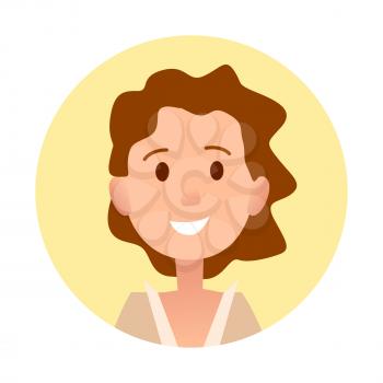 Brunette curly girl smiles close-up portrait in yellow circle on white background. Young cute female front view laughing person vector illustration.