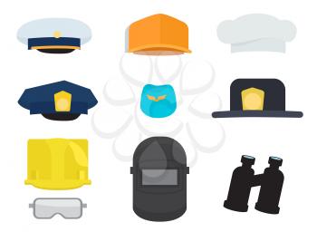 Vector illustration of cap of sailor, policeman and cook, blue forage-cap, black hat, welding mask, two helmets and safety glasses, dark binoculars.