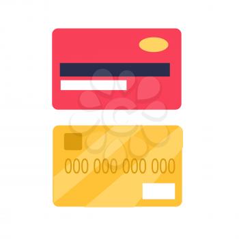 Credit cards from two sides view flat style vector icons isolated on white background. Means of online payments and banking. Electronic wallet illustration for applications, logos or web design