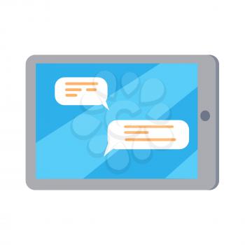Tablet or cellphone with messages on screen flat style vector icon isolated on white background. Online communication and sms dialogue. Mobile device illustration for applications, logos or web design