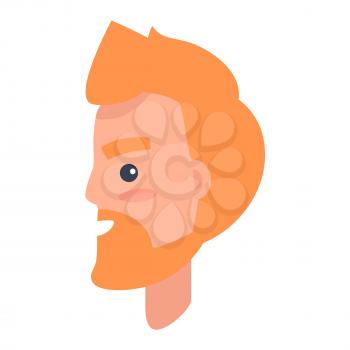 Male cartoon redhead character with beard turned in profile isolated on white background. Man head with beard and thick eyebrows that smiles vector illustration. Human profile portrait image.