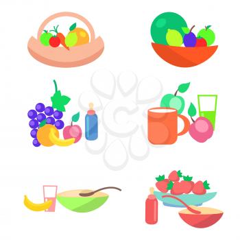 Little baby nutrition components set.  Porridge in bowl, ripe fruits and vegetables, milk and juices flat vector isolated on white. Natural childrens food illustration for kids healthy ration concept 