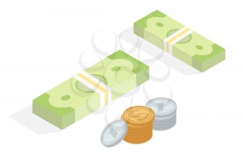 Dollar banknotes in packs and coins in stack isometric projection icons. Packed bills, gold and silver coins vector isolated on white background. Money in cash 3d illustration for business concepts