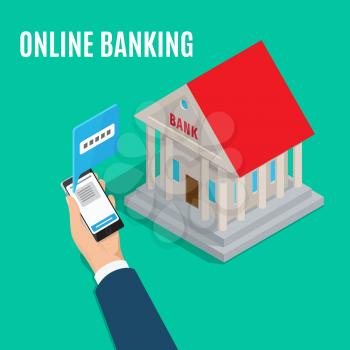 Online banking isometric projection banner. Bank building with columns and businessman hand with phone vector. Making payment transactions in Internet conceptual illustration for business services