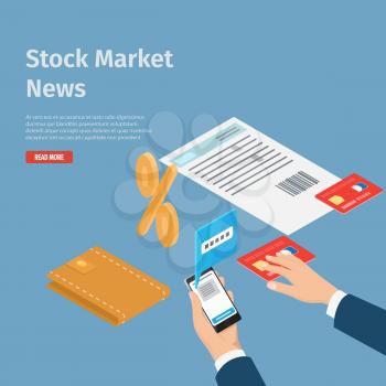 Stock market news internet informative page vector illustration. Smartphone in hand with opened chat, men wallet, payment card, document for sign and percent symbol on blue background with text.