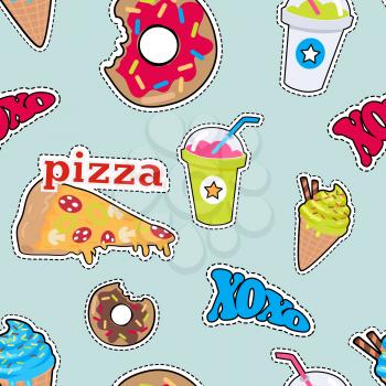 Seamless pattern with food. Pizza, bitten doughnut, xoxo, cocktail, smoothie, ice cream. Endless texture with snack products. Fabric, textile, wallpaper, wrapping paper design. Vector in flat style