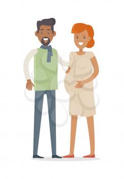 Man and woman expecting baby. Young family. Pregnant woman, pregnancy female belly. Future mother and father characters vector. Pregnant woman lifestyle. Happy maternity. Motherhood concept
