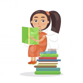 Girl in orange dress with open textbook sits on pile of books vector illustration in concept of International Literacy Day isolated on white